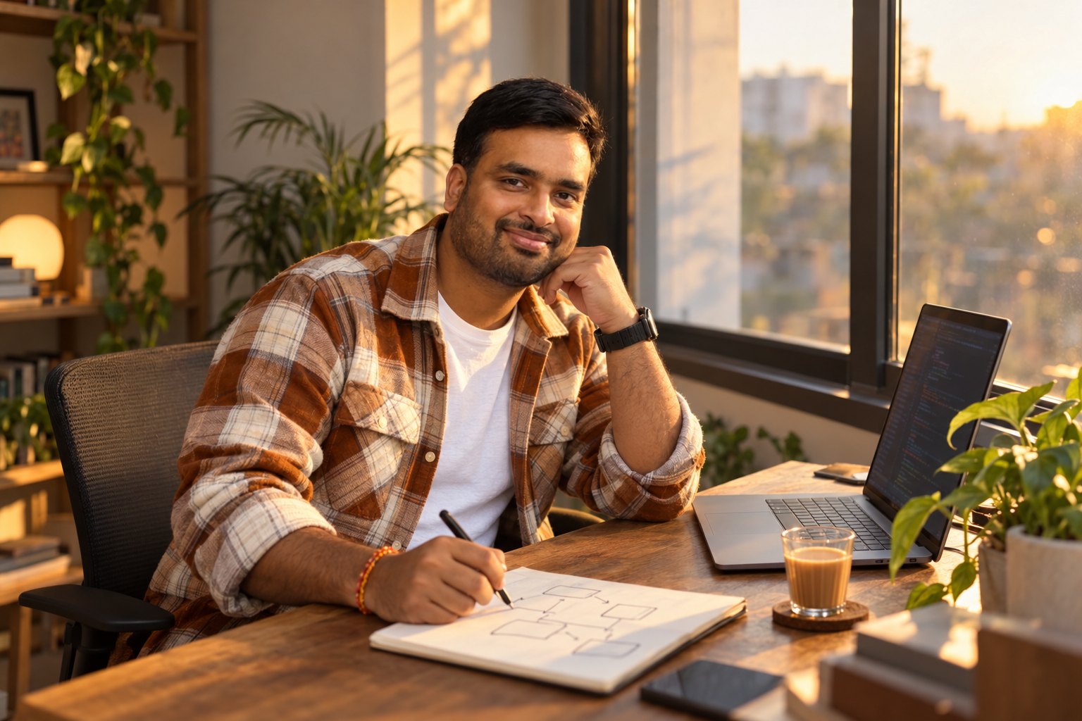 Prashant sketching at his desk at golden hour, a glass of chai beside the laptop